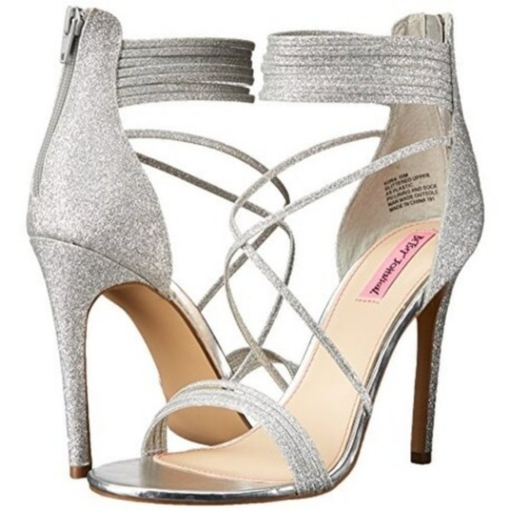 Betsey Johnson Kora Silver Glittery Sexy High Heel Strappy Sandals Size 10 VGC